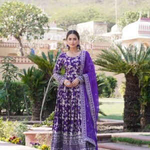 Purple Viscose Dyable Jacquard Gown with Russian Silk Sequined Dupatta ? Elegant Party & Wedding Set